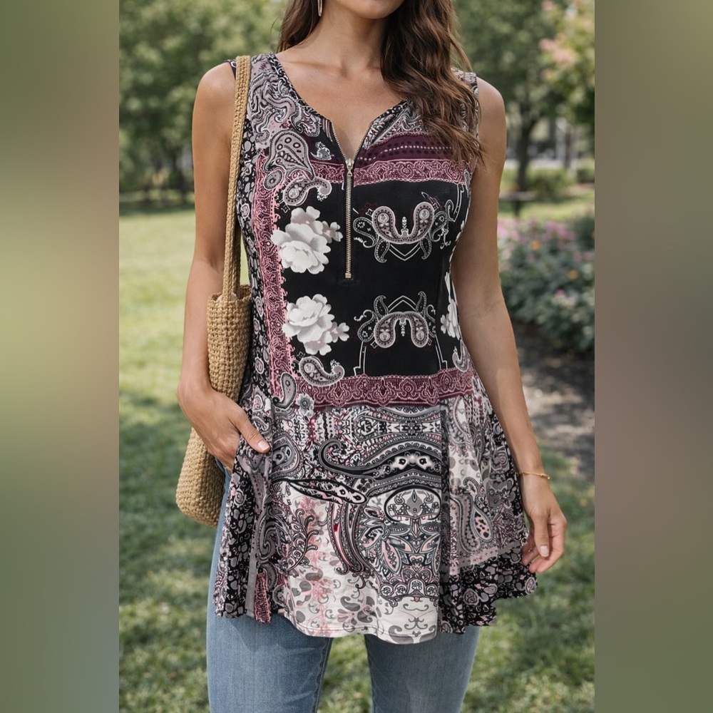 Cleo Paisley Floral Sleeveless Tunic Top Zip Front V Neck Size S Petite